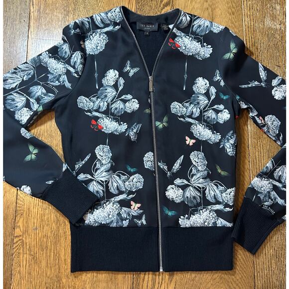 Ted Baker Steyani Narrnia Zip Cardigan Black Floral Mix Media Wool Poly Sz 0 - Picture 1 of 15